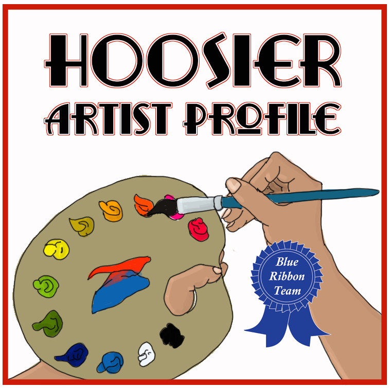 Hoosier Artist Profile Logo palette and hand holding paintbrush and text reading Hoosier artist profile